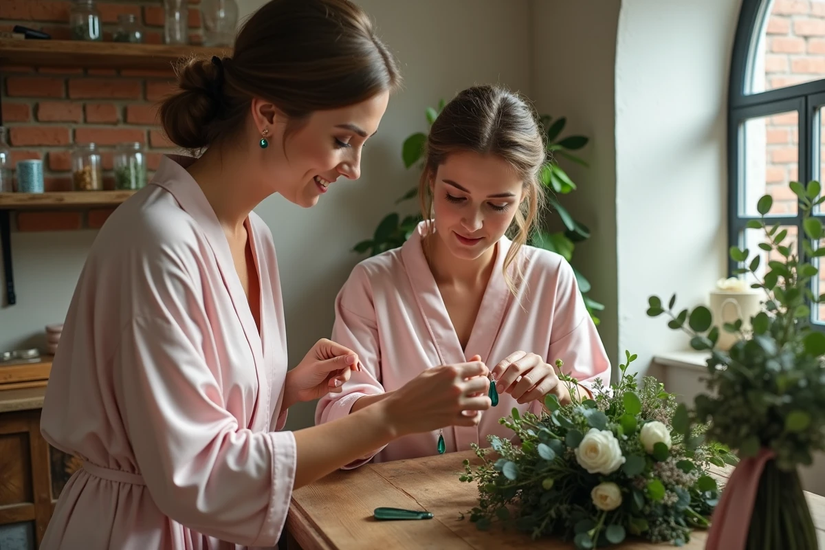 Deux demoiselles d'honneur comparant une boucle d'oreille pendante verte avec un bouquet de verdure et de gardenias blancs dans une suite nuptiale rustique