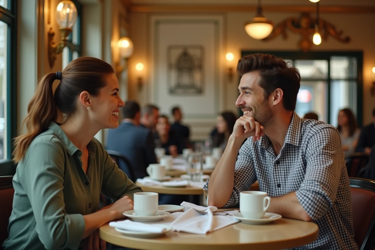 Un homme et une femme en conversation dans un café parisien, illustrant les spéculations autour du mariage d'Alicia Dauby et Olivier Bossard