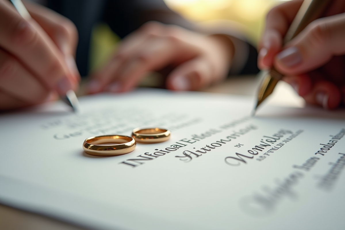 Alliances posées sur le certificat de mariage avec stylo et signature du maire