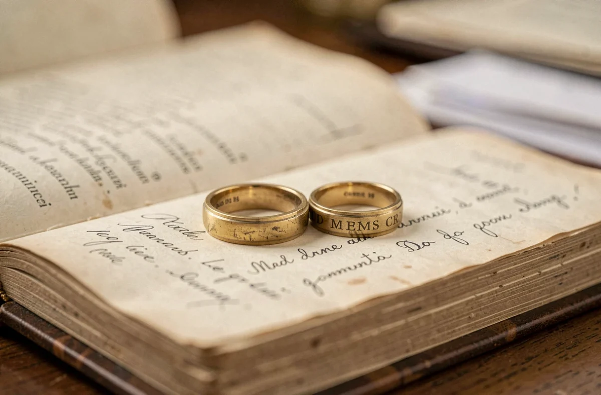 Deux alliances en or posées sur un registre civil ancien, symbolisant un mariage discret et une union durable loin des projecteurs