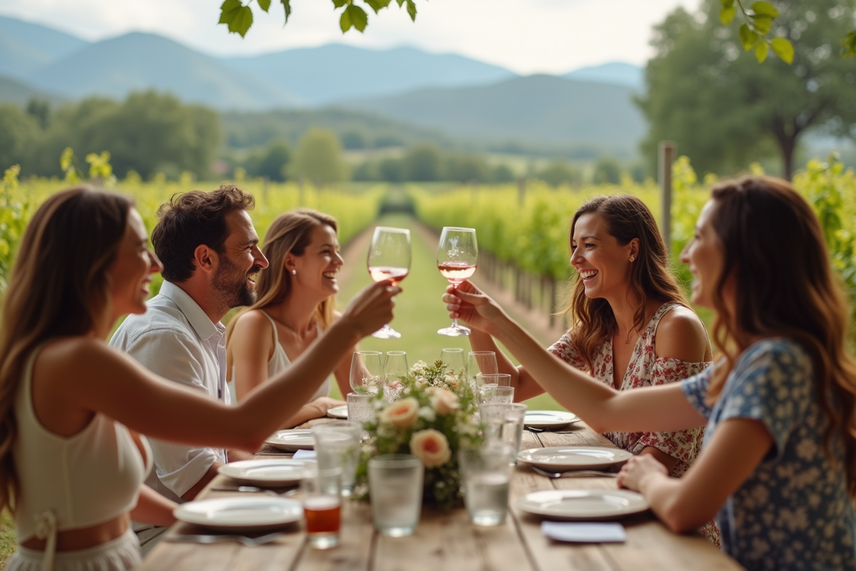 Amis trinquant lors d’un mariage dans un vignoble en été