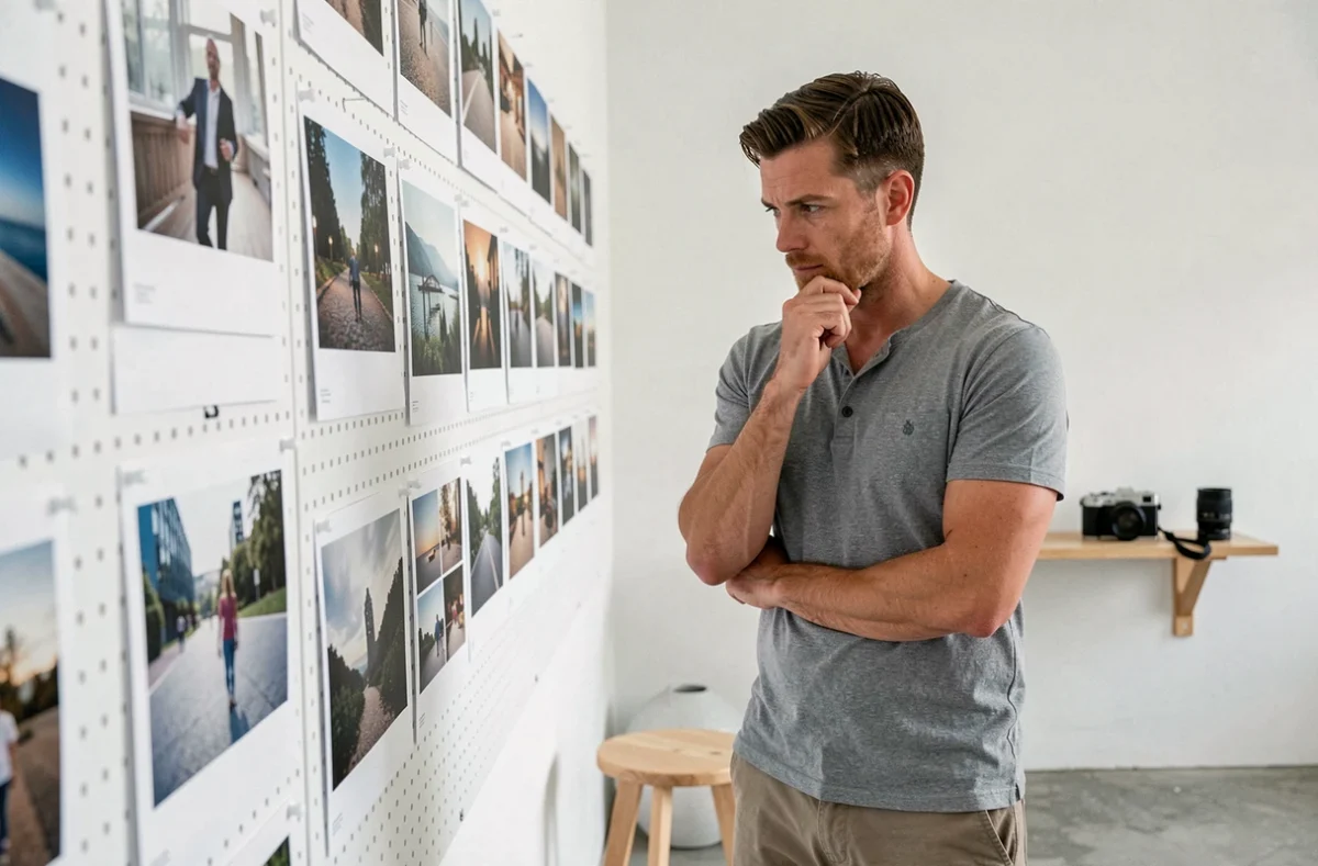 Photographe masculin analysant une sélection de tirages photo épinglés sur un mur dans un espace de travail minimaliste