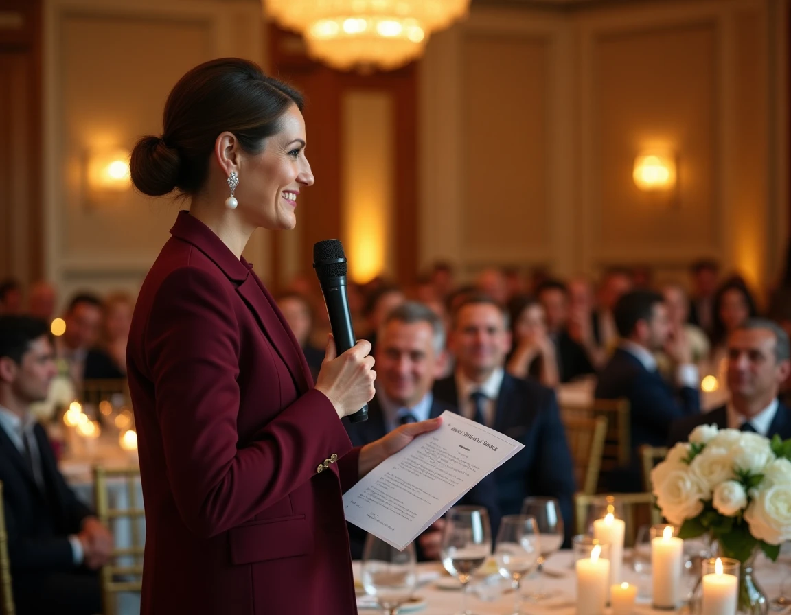 Animatrice de mariage dirigeant un jeu de quiz amusant devant des invités souriants dans une salle de réception décorée