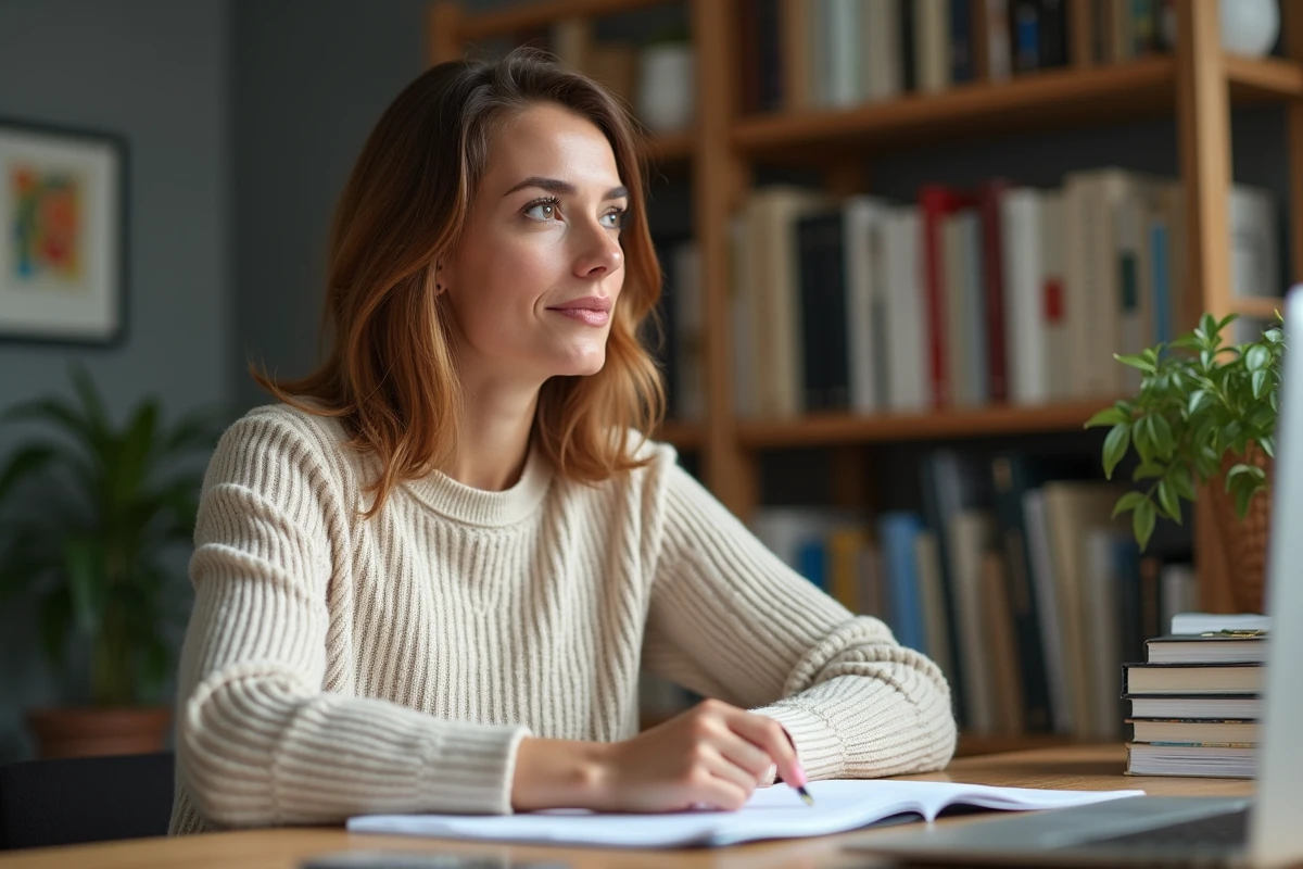 Femme journaliste et animatrice télé travaillant dans son bureau à domicile, illustrant l'équilibre entre vie professionnelle et personnelle