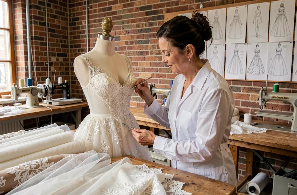 Créatrice Anne-Laure Neves cousant à la main des perles sur le corsage d'une robe de mariée dans son atelier de haute couture