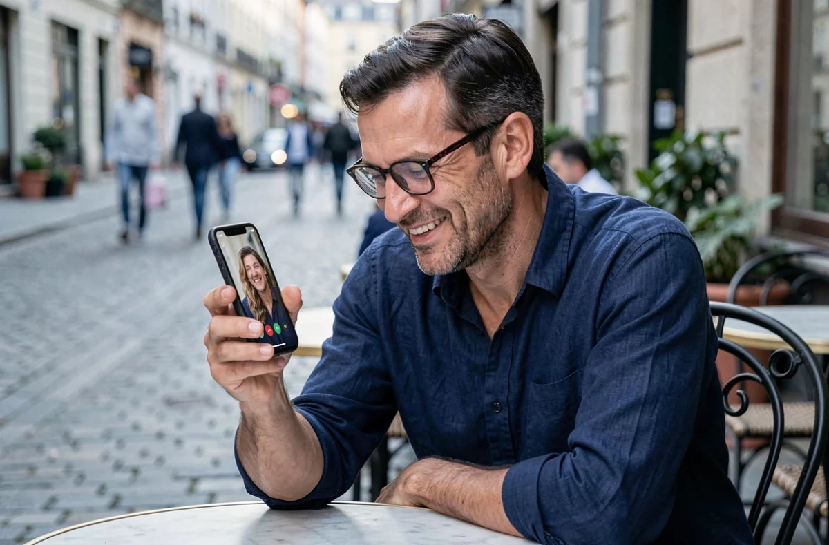 Homme en déplacement qui appelle sa femme en vidéo pour célébrer leur anniversaire de mariage à distance depuis un café européen
