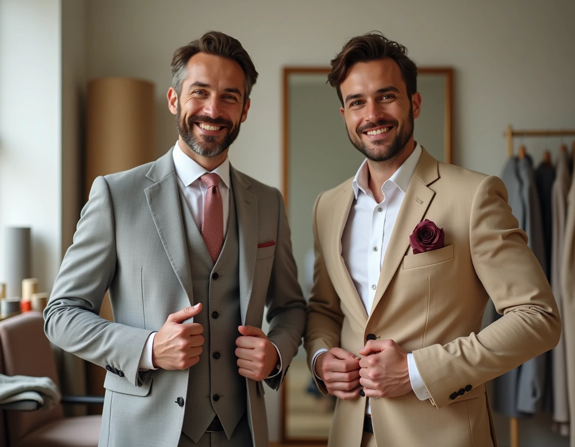 Deux hommes comparant des costumes de mariage civil dans un atelier de tailleur, l'un en gris clair et l'autre en beige lin