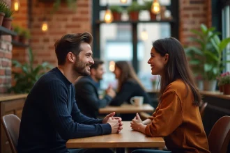 Homme et femme discutant dans un café, illustrant les attentes et la communication dans une relation amoureuse