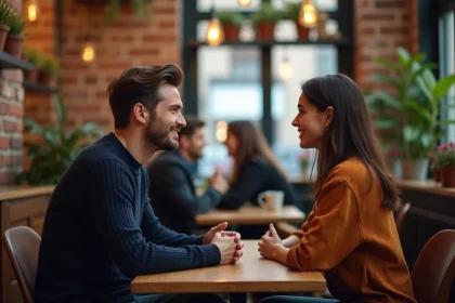 Homme et femme discutant dans un café, illustrant les attentes et la communication dans une relation amoureuse