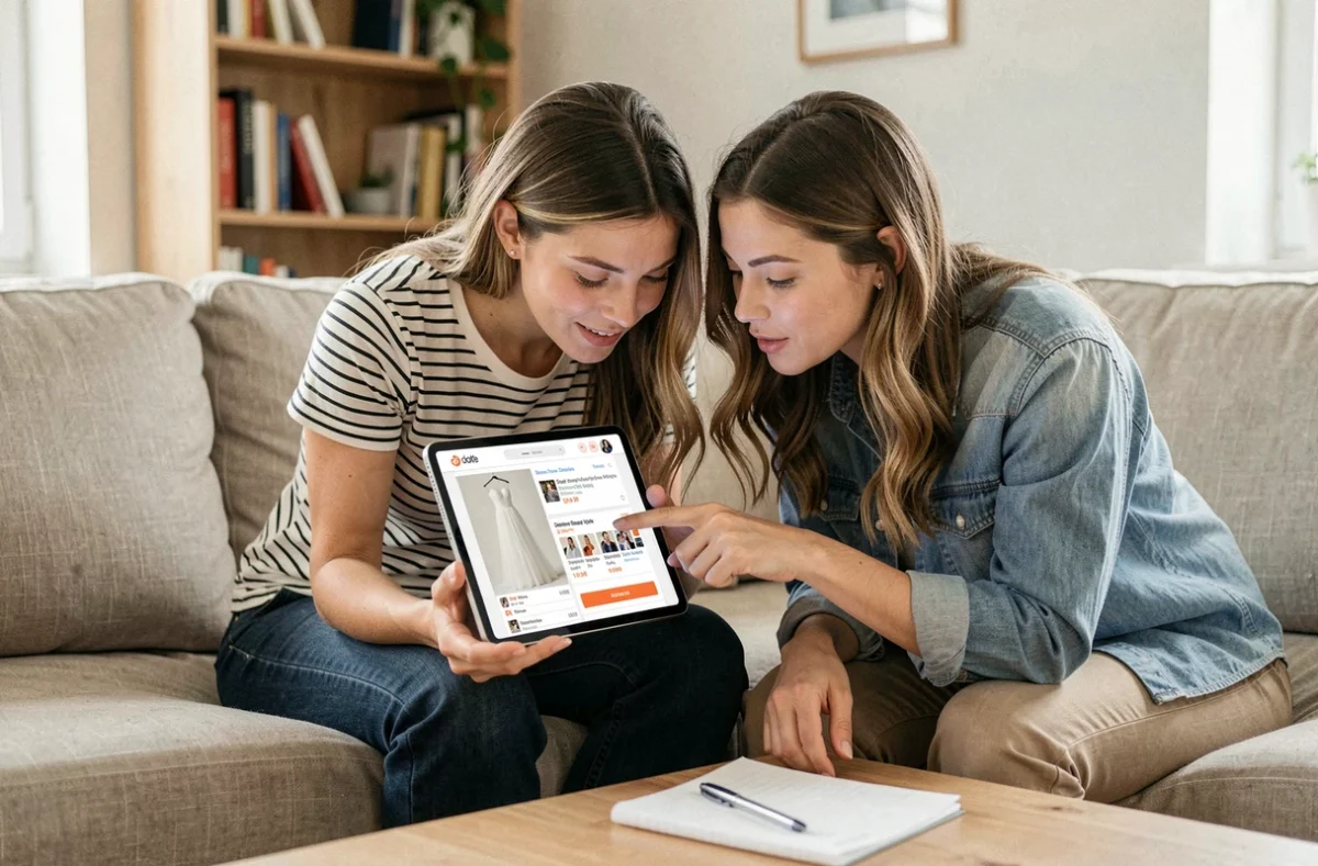 Deux amies consultant ensemble les avis clients sur un site de robes de mariée abordables via une tablette