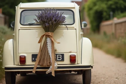 Balai de mariage champêtre en lavande et jute attaché à l'arrière d'une 2CV crème sur chemin de campagne