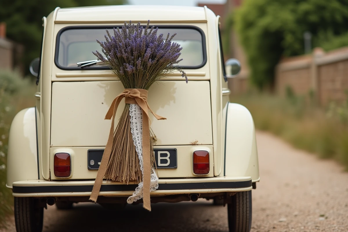Balai de mariage champêtre en lavande et jute attaché à l'arrière d'une 2CV crème sur chemin de campagne