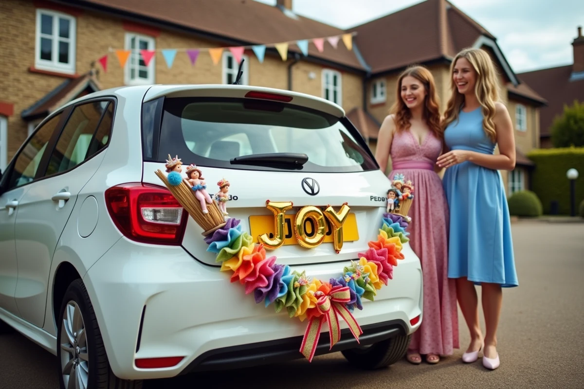 Balai de mariage fun et coloré avec figurines et rubans arc-en-ciel sur voiture blanche devant mairie