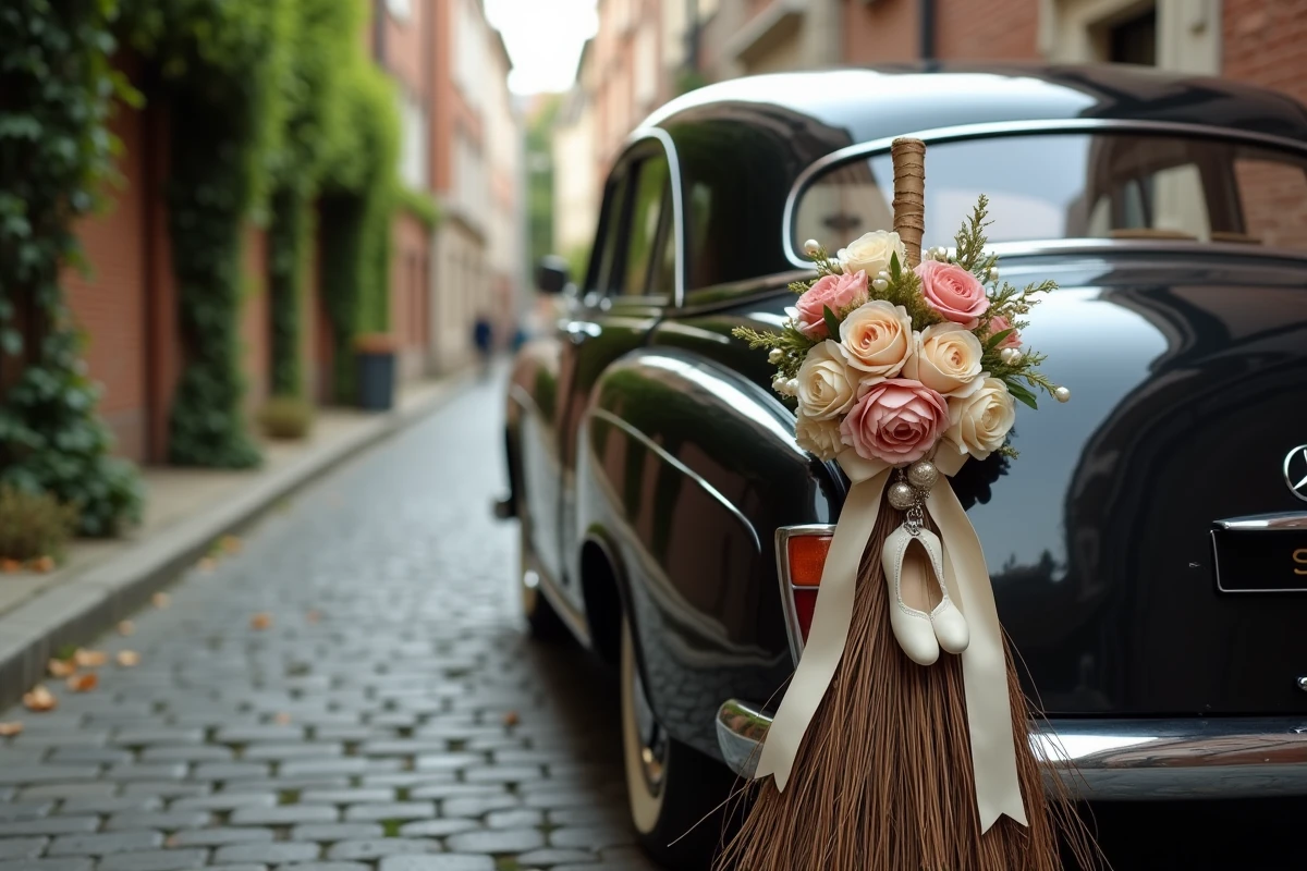 Balai de mariage vintage élégant en satin ivoire et roses séchées suspendu à une Mercedes noire sur pavés