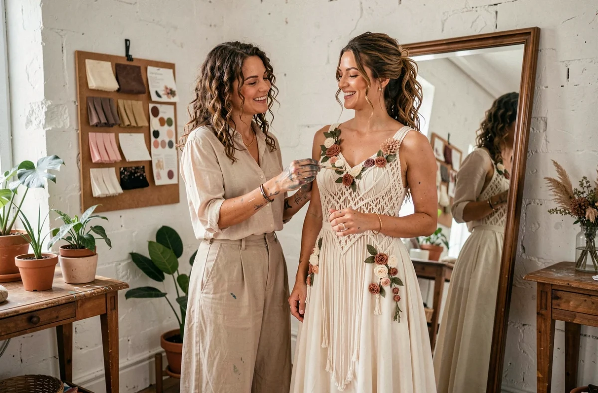 Créatrice de Bella Créations Bordeaux présentant une robe de mariée bohème faite main avec dentelle macramé à une cliente souriante