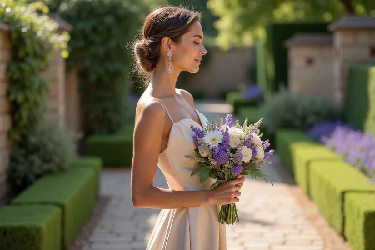 Mariée en robe champagne avec boucle d'oreille améthyste assortie à un bouquet de lavande et de sweet peas violets dans un jardin