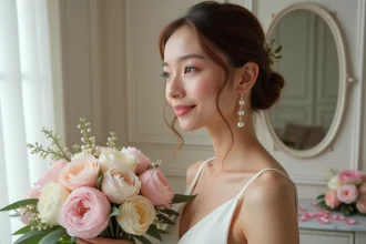Mariée portant une boucle d'oreille pendante en or rose avec perle rose assortie à son bouquet de pivoines blush