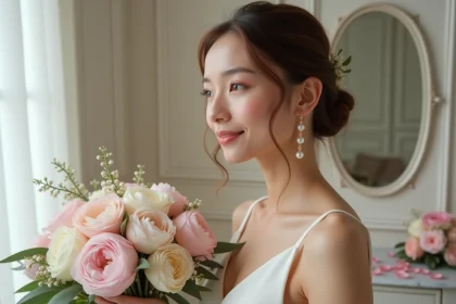 Mariée portant une boucle d'oreille pendante en or rose avec perle rose assortie à son bouquet de pivoines blush