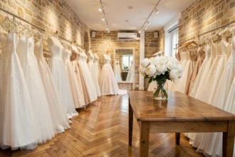 Intérieur d'une boutique de robes de mariée en Nouvelle-Aquitaine avec des robes blanches exposées sur des présentoirs et des mannequins