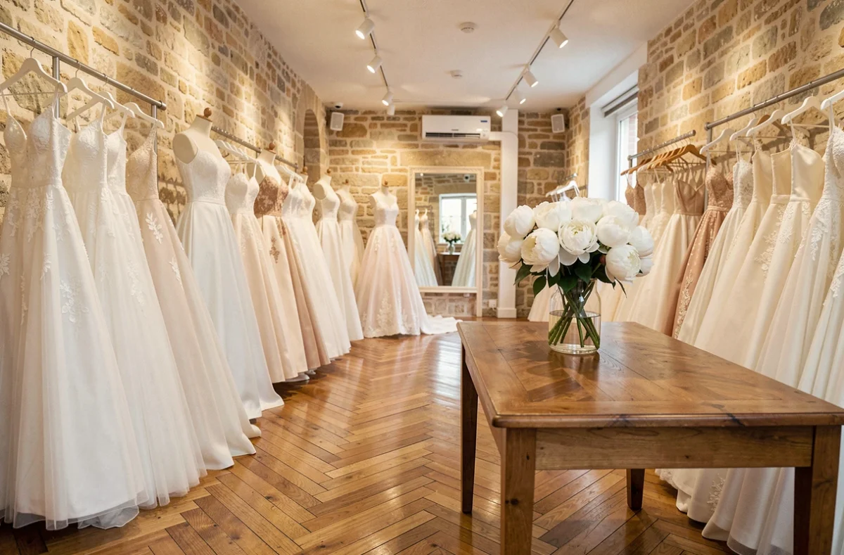 Intérieur d'une boutique de robes de mariée en Nouvelle-Aquitaine avec des robes blanches exposées sur des présentoirs et des mannequins