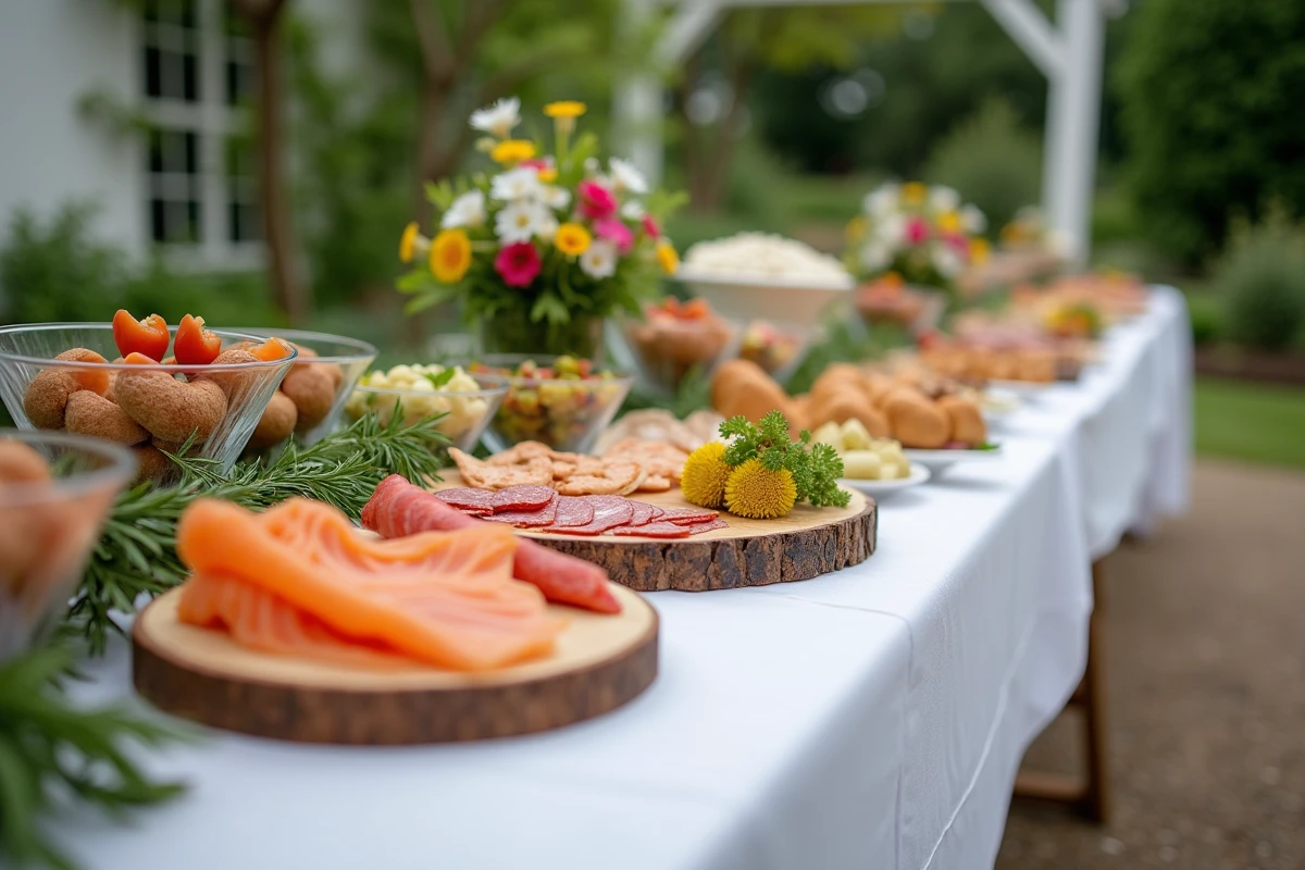 Table de buffet froid mariage pour 50 personnes décorée de charcuteries, saumon fumé et salades colorées en extérieur