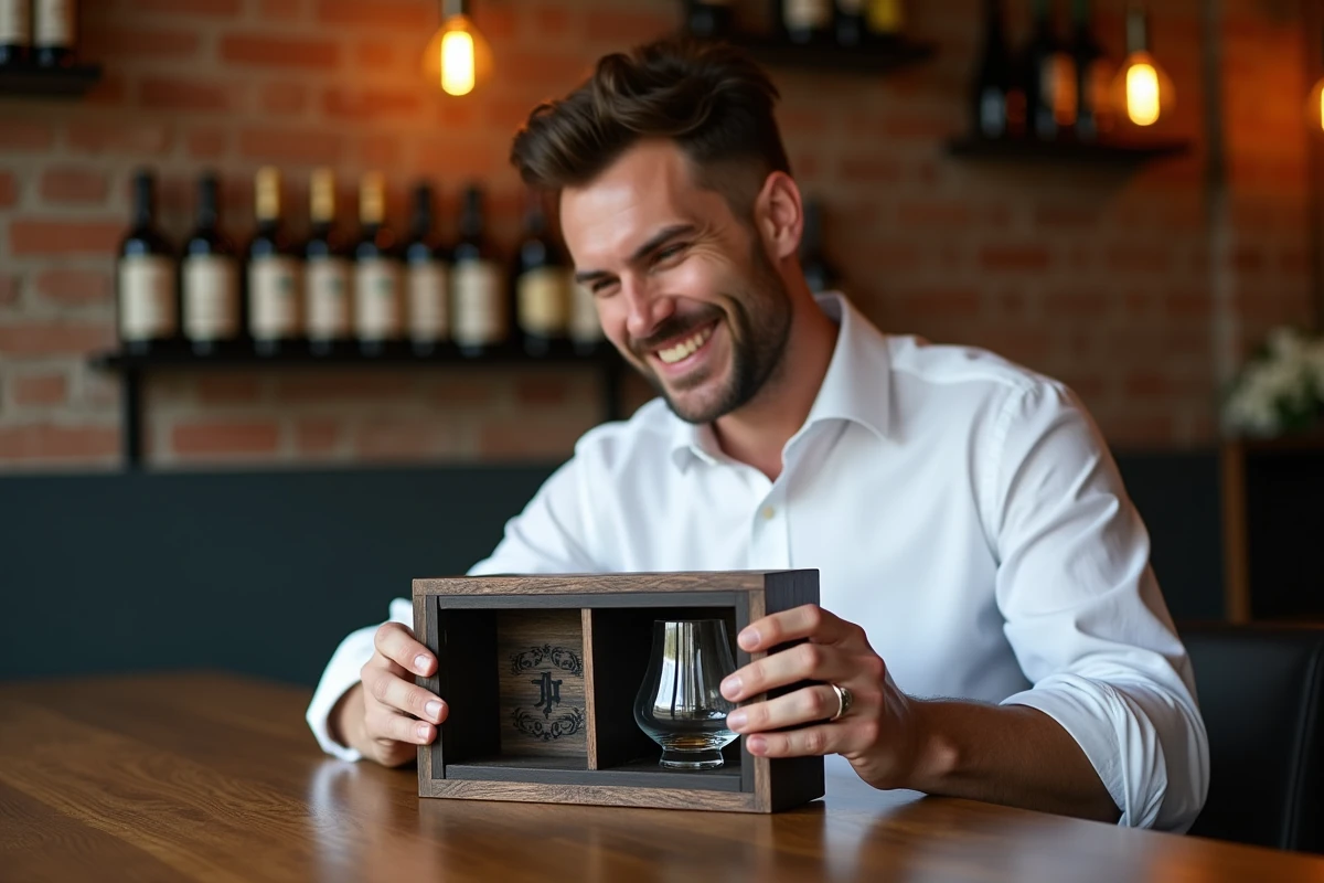 Témoin de mariage masculin découvrant un coffret de verres à whisky gravés dans un bar à vins moderne