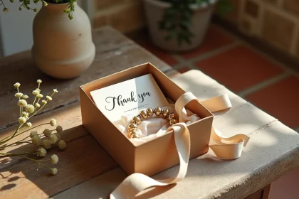 Boîte cadeau artisanale pour témoin de mariage avec bracelet gravé et carte manuscrite sur table en bois rustique