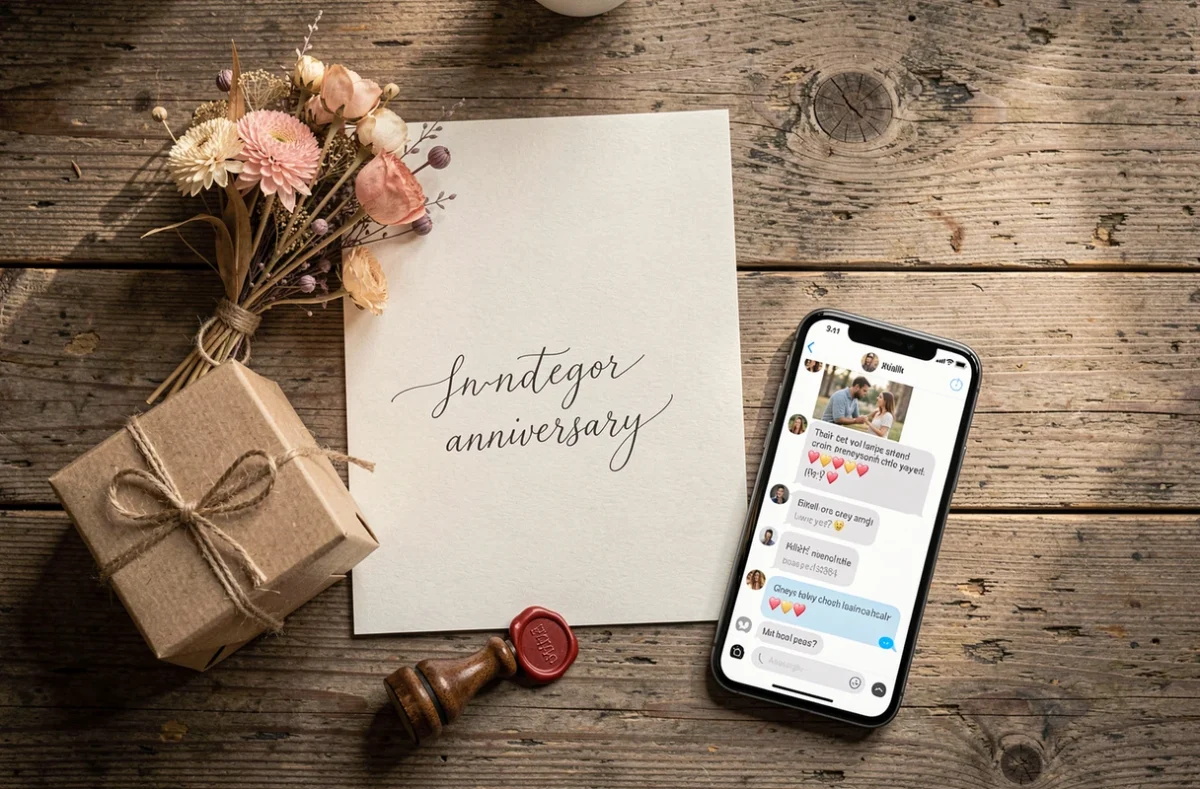 Composition à plat d'une carte d'anniversaire de mariage artisanale, fleurs séchées et échange de messages tendres entre époux séparés par la distance