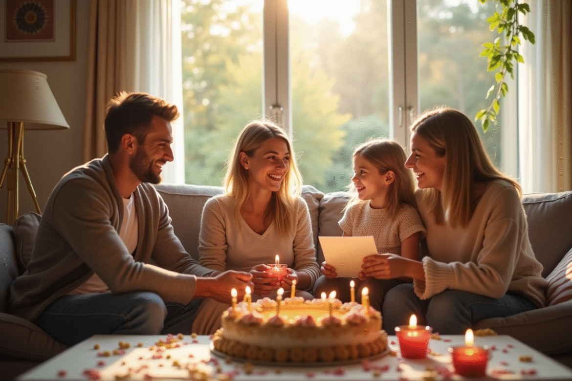 Famille heureuse célébrant 16 ans de mariage en intérieur