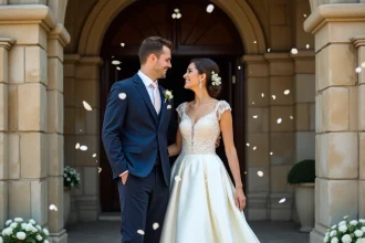 Couple de mariés devant une église en pierre lors d'une cérémonie de mariage, robe ivoire en satin et costume bleu marine