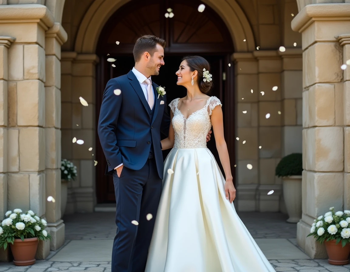 Couple de mariés devant une église en pierre lors d'une cérémonie de mariage, robe ivoire en satin et costume bleu marine