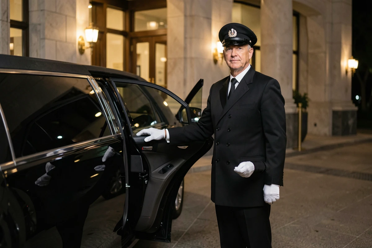Chauffeur professionnel en uniforme ouvrant la portière d'une limousine devant un hôtel de luxe la nuit