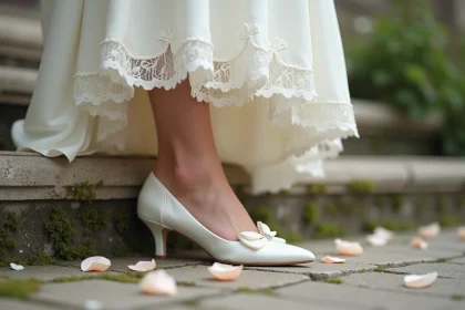 Chaussures blanches en satin pour mariée religieuse sur les marches d'une église en pierre