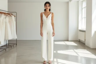 Petite mariée portant une combinaison blanche à jambes larges dans une boutique de robes de mariée, silhouette élancée grâce à des talons nude