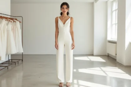 Petite mariée portant une combinaison blanche à jambes larges dans une boutique de robes de mariée, silhouette élancée grâce à des talons nude
