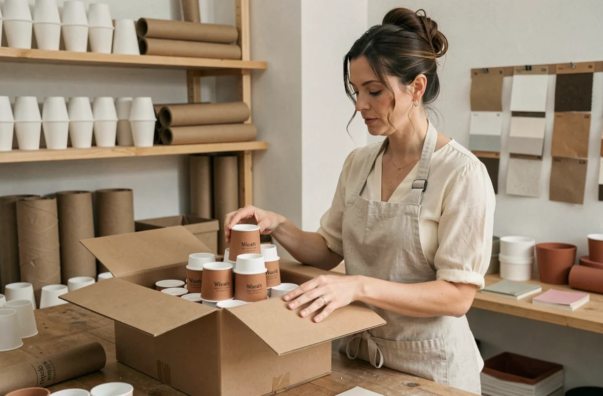 Artisane emballant des éco cups personnalisés pour mariage dans un atelier de production avec étagères et boîtes d'expédition