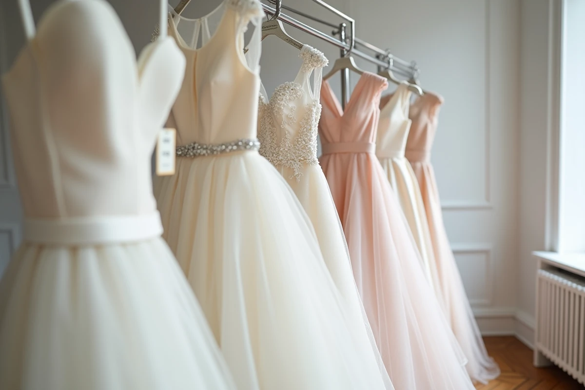 Trois robes de mariée accrochées en atelier avec étiquettes de prix, illustrant les différentes gammes de budget pour 2026