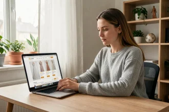 Jeune femme comparant des robes de mariée pas chères sur un site internet depuis son bureau à domicile