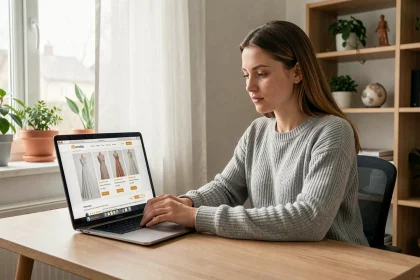 Jeune femme comparant des robes de mariée pas chères sur un site internet depuis son bureau à domicile