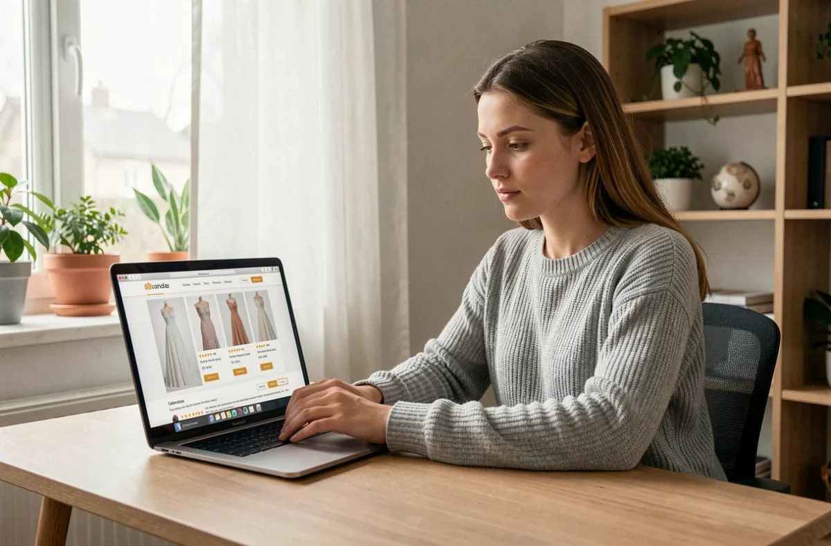 Jeune femme comparant des robes de mariée pas chères sur un site internet depuis son bureau à domicile