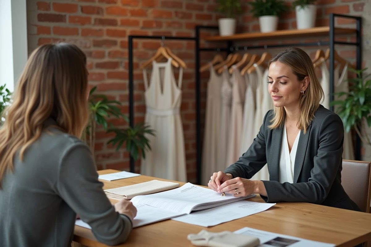 Consultante en mariage présentant un catalogue de prix de robes à une future mariée lors d'une consultation en studio