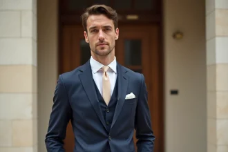 Marié en costume bleu marine taillé sur mesure devant une mairie, avec cravate champagne et pochette assortie