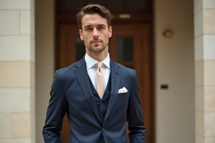 Marié en costume bleu marine taillé sur mesure devant une mairie, avec cravate champagne et pochette assortie
