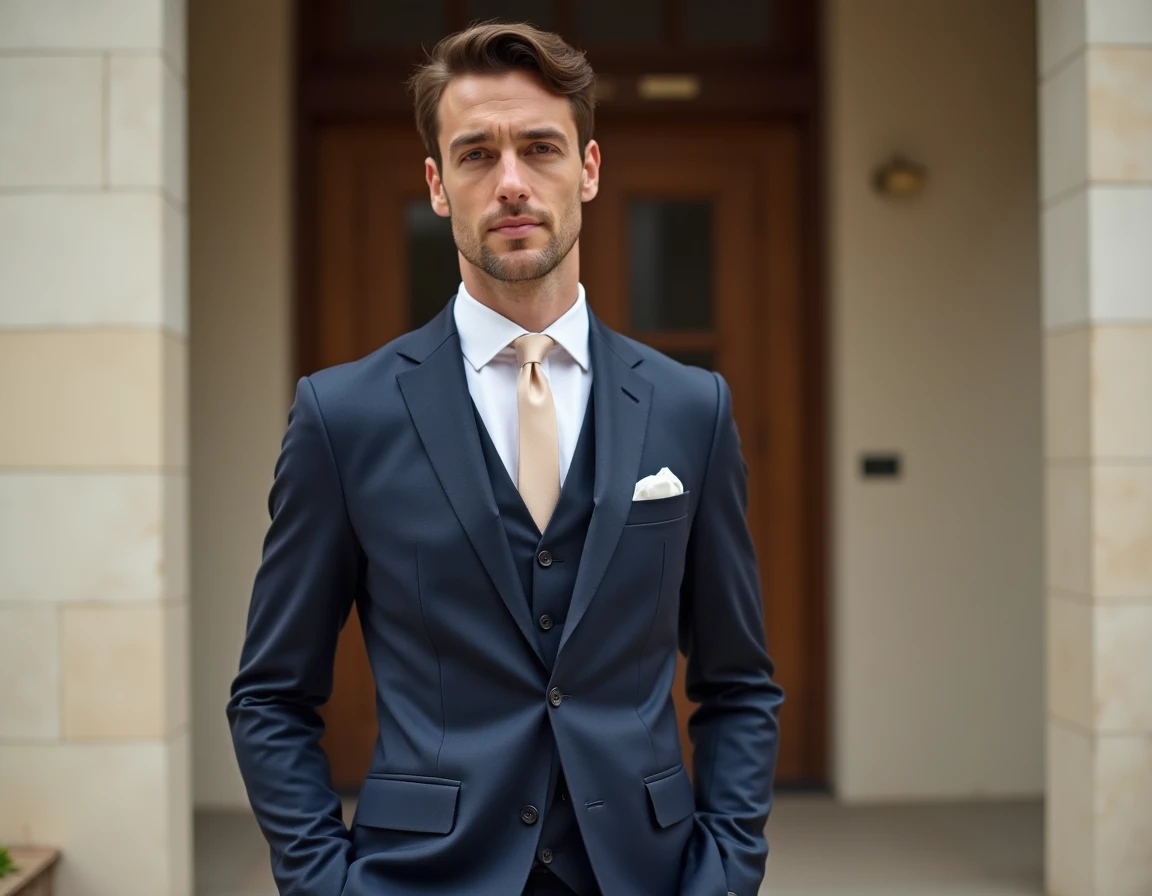 Marié en costume bleu marine taillé sur mesure devant une mairie, avec cravate champagne et pochette assortie