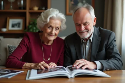 Couple de seniors feuilletant leur album photo de noces de rubis à la maison, entouré de souvenirs de 35 ans de mariage