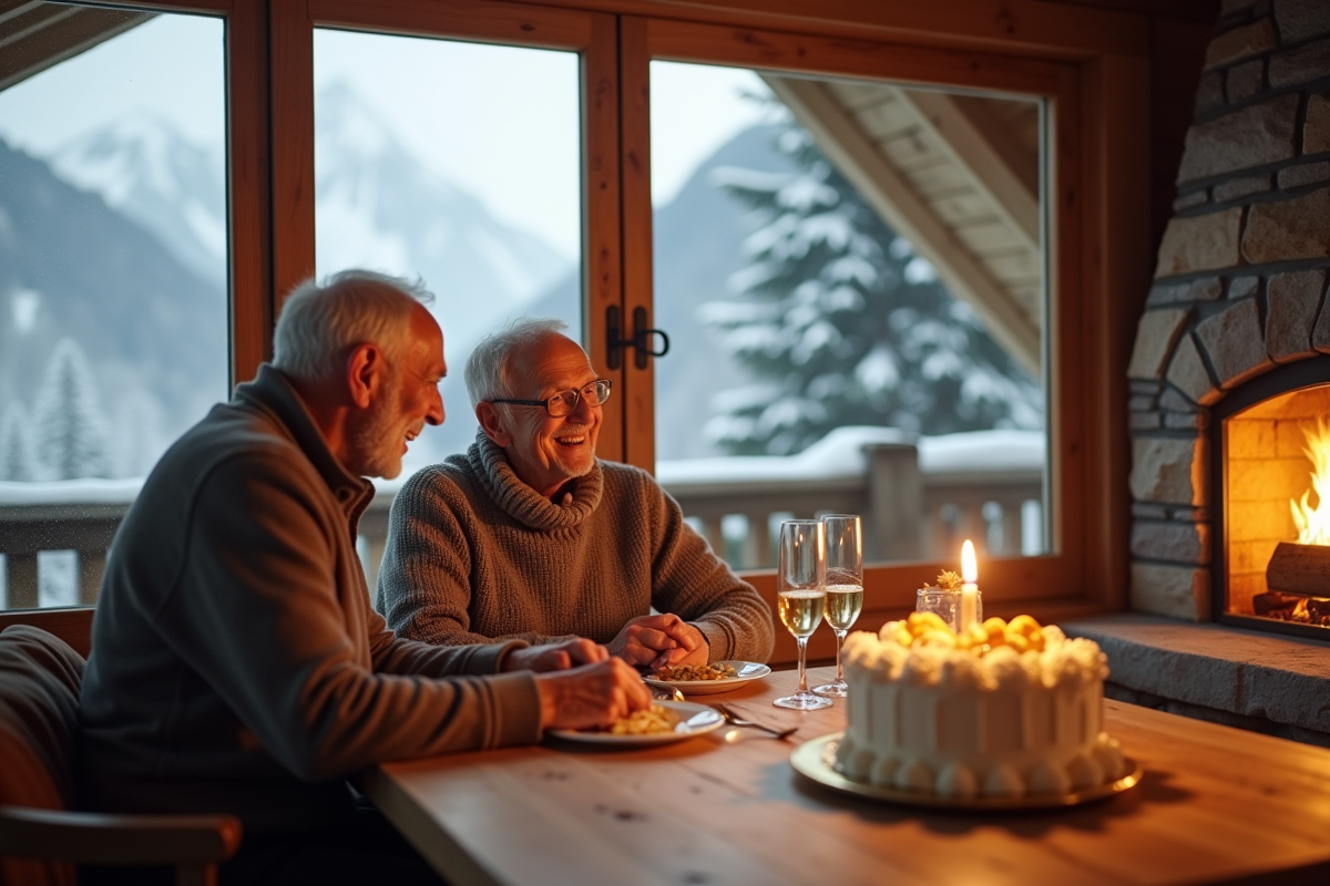 Couple agee riant dans un chalet alpin avec vue sur la montagne