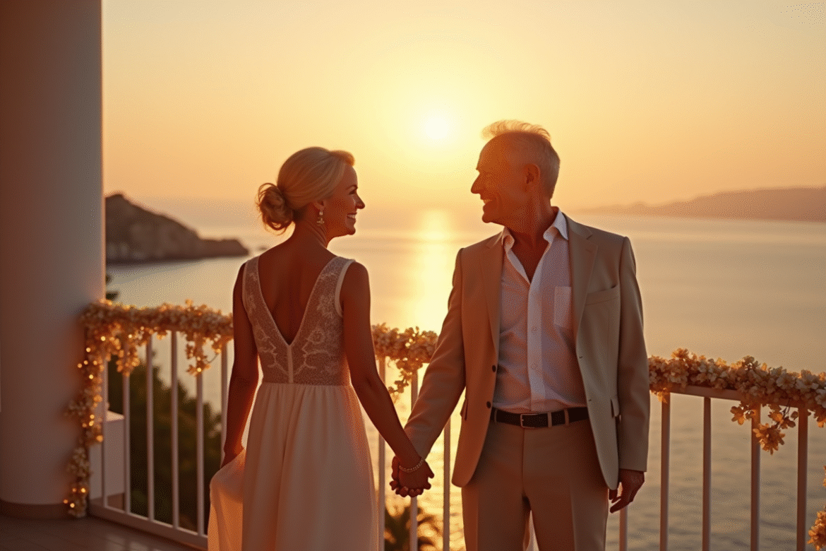 Couple agee main dans la main sur un balcon au coucher du soleil