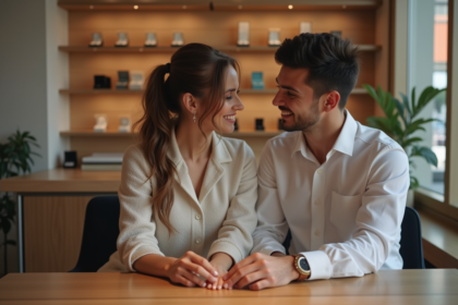 Jeune couple examine des alliances dans une bijouterie élégante