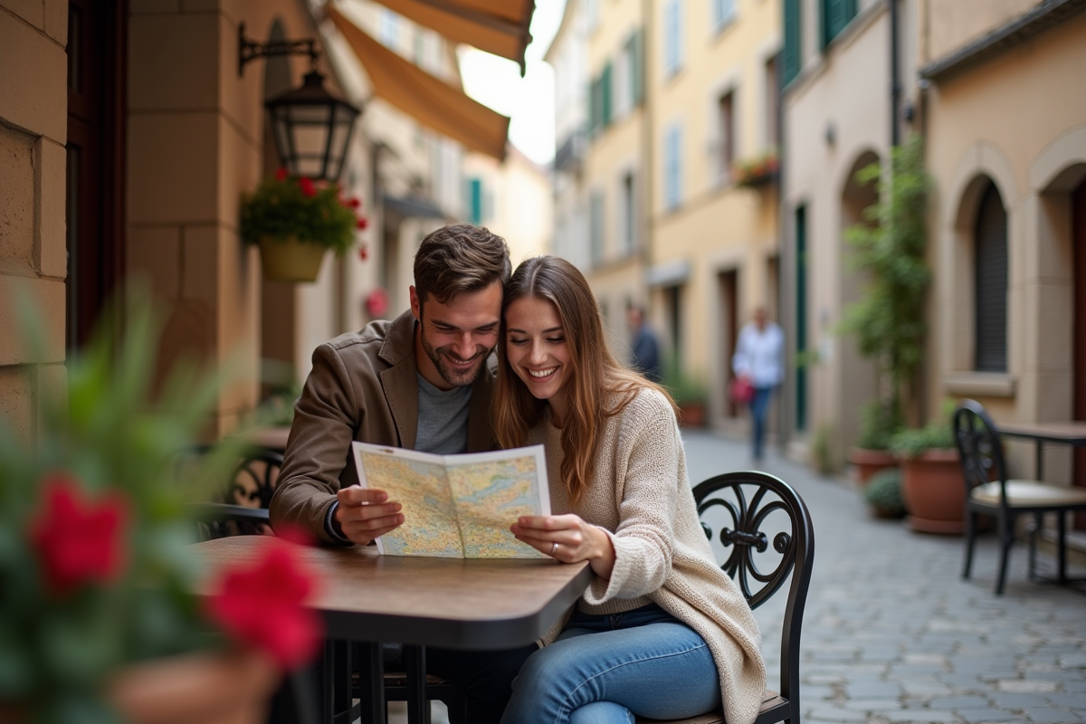 Jeune couple souriant au café dans une ville européenne pittoresque