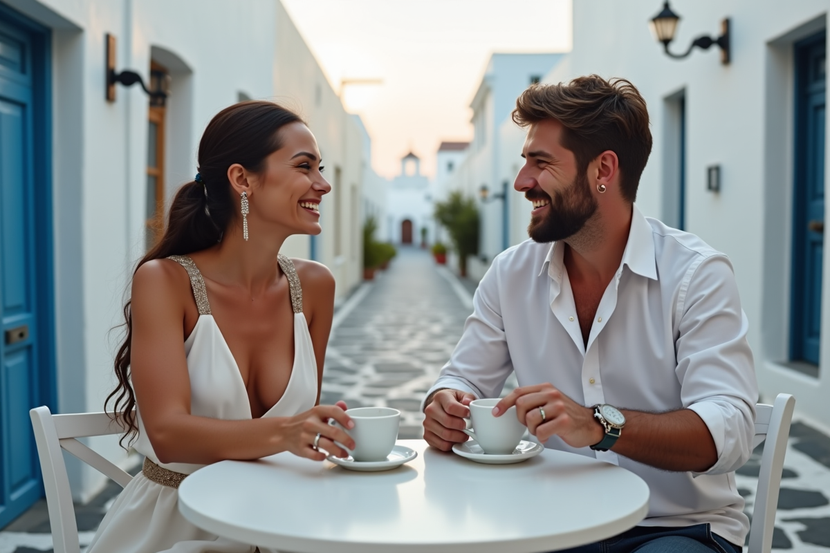 Jeune couple riant au café à Santorini en Grèce